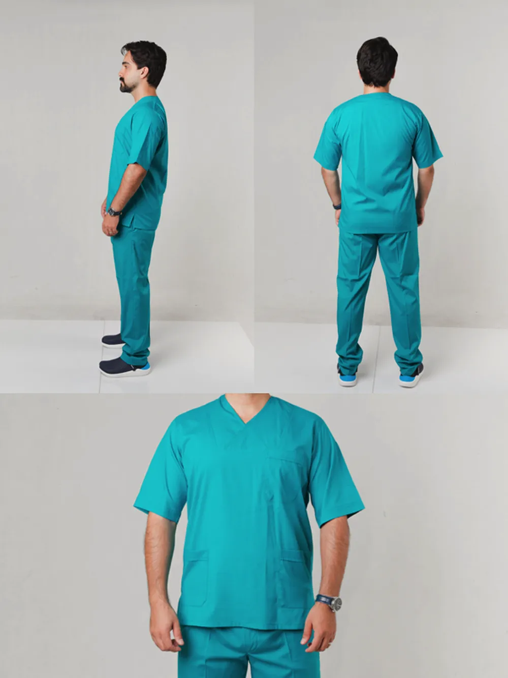 نمای سه بعدی ست اسکراب مردانه یقه چپ و راست فیروزه‌ای بروجرد