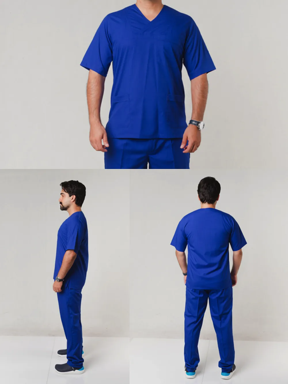 نمای سه بعدی ست اسکراب مردانه یقه چپ و راست آبی کاربنی بروجرد