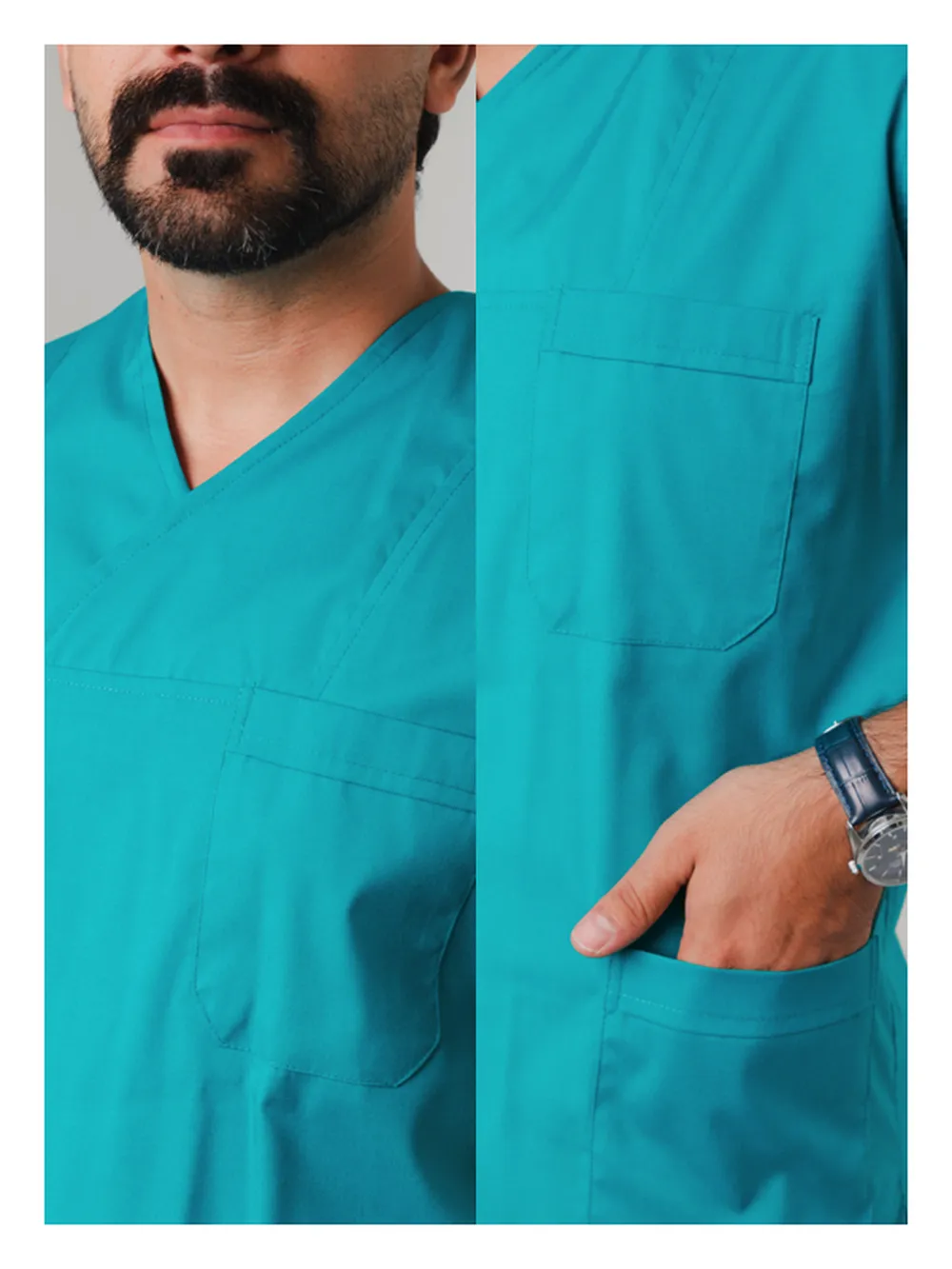 نمای نزدیک ست اسکراب مردانه یقه چپ و راست فیروزه‌ای بروجرد