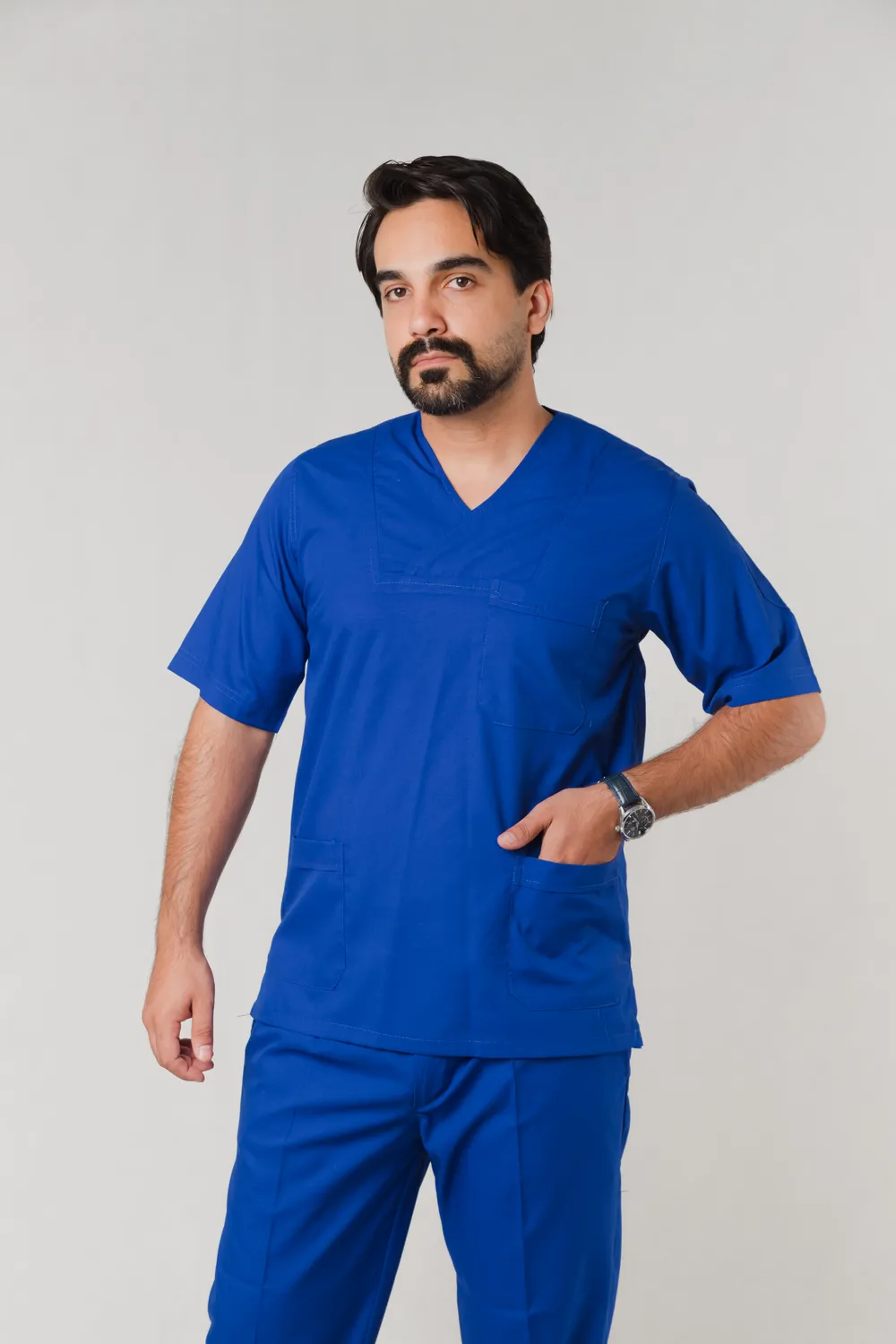 ست اسکراب مردانه یقه چپ و راست آبی کاربنی بروجرد