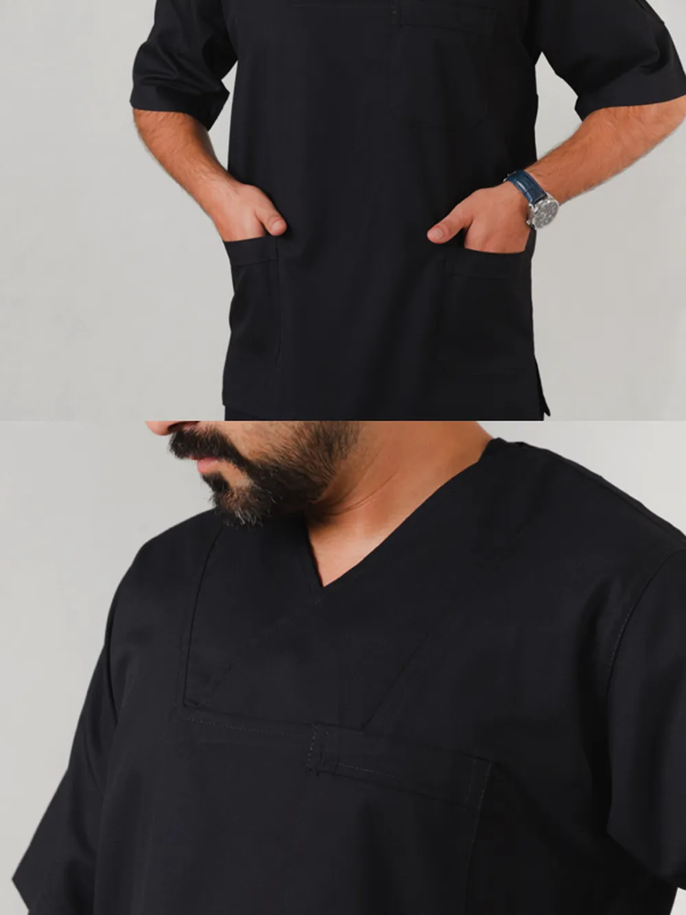 نمای نزدیک ست اسکراب مردانه یقه چپ و راست مشکی بروجرد