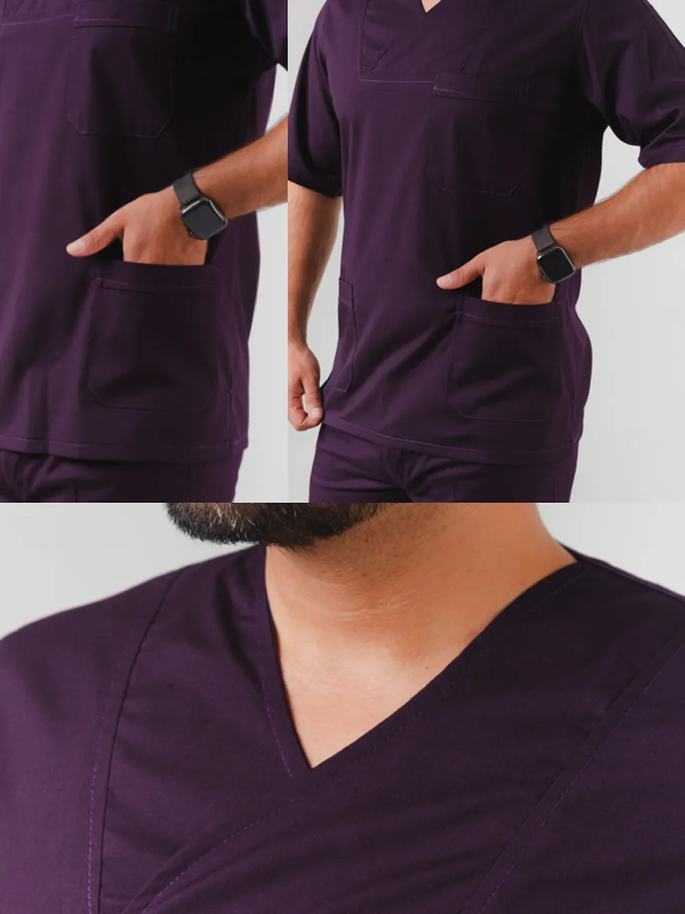 نمای نزدیک ست اسکراب مردانه یقه چپ و راست بنفش تیره بروجرد