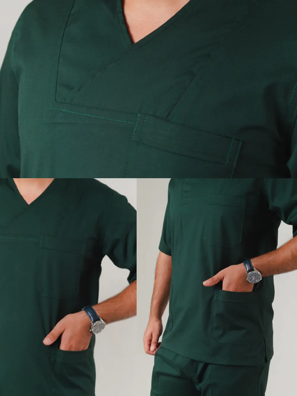 نمای نزدیک ست اسکراب مردانه یقه چپ و راست یشمی بروجرد