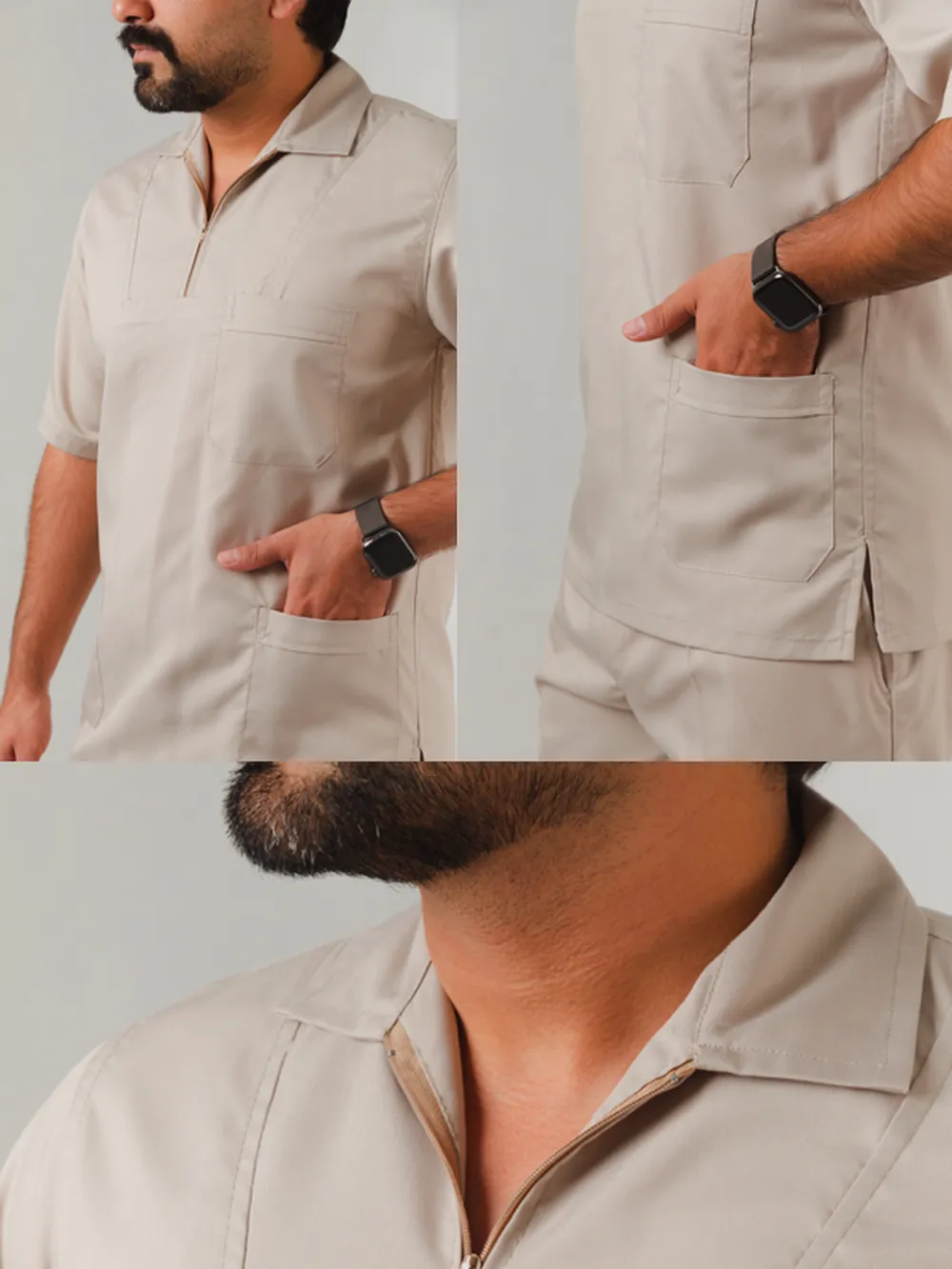 نمای نزدیک ست اسکراب مردانه یقه نیم زیپ کرم آیدین