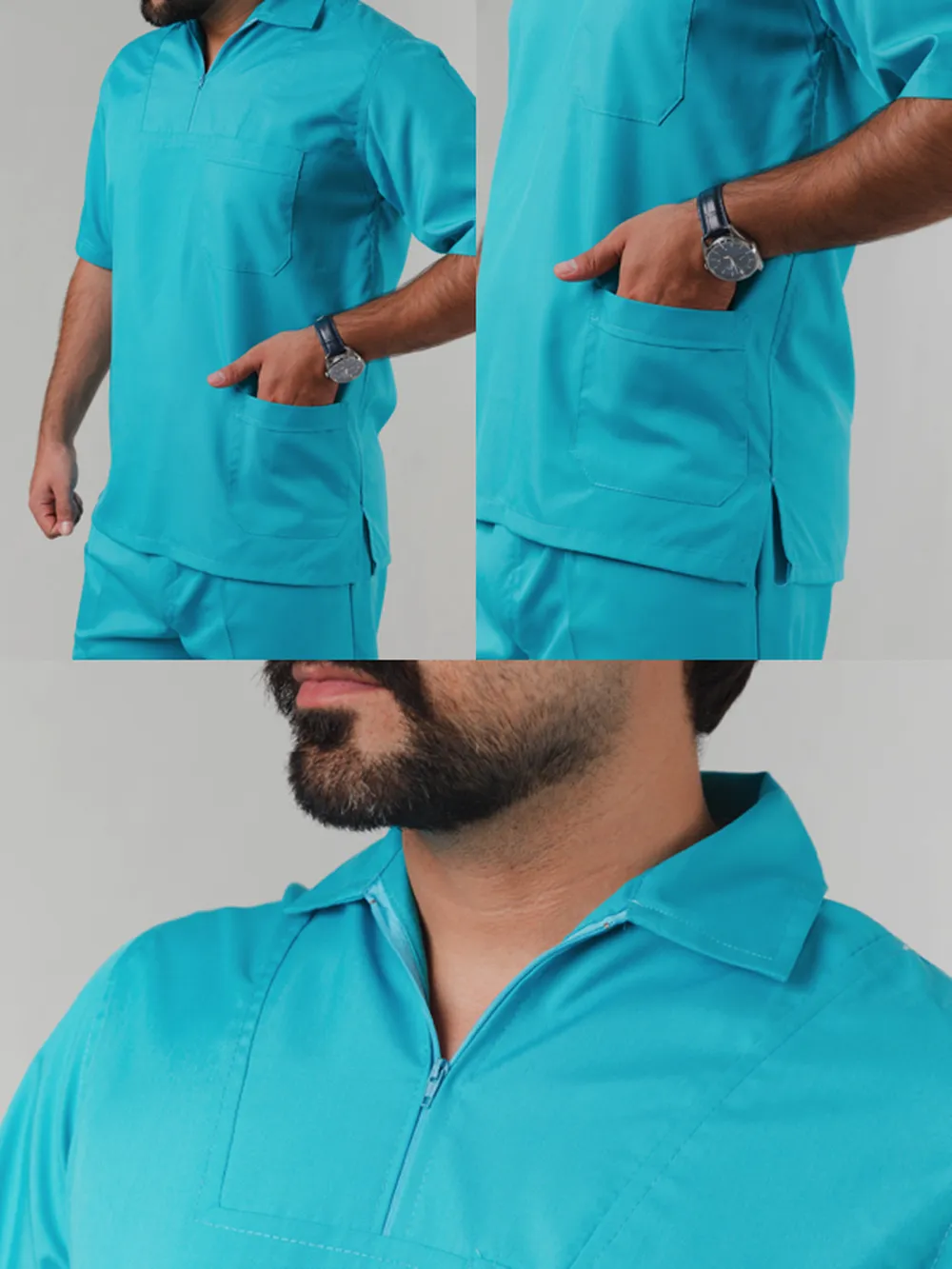 نمای نزدیک ست اسکراب مردانه یقه نیم زیپ زنگاری آیدین